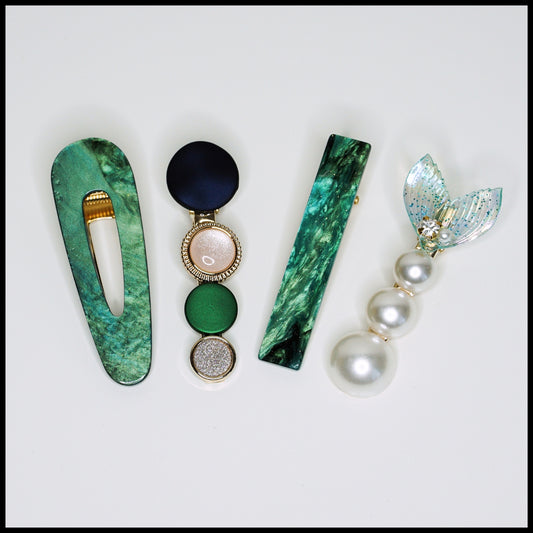 Green & Pearl 4pcs Hair Clips